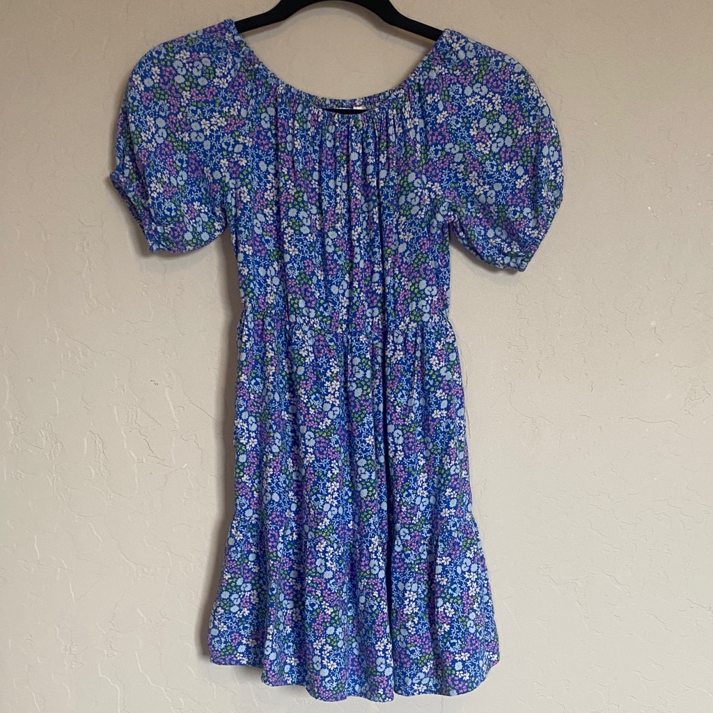 Cat & Jack Girls A-Line Blue Floral Puff Sleeve Dress Size M (8) 100% Rayon